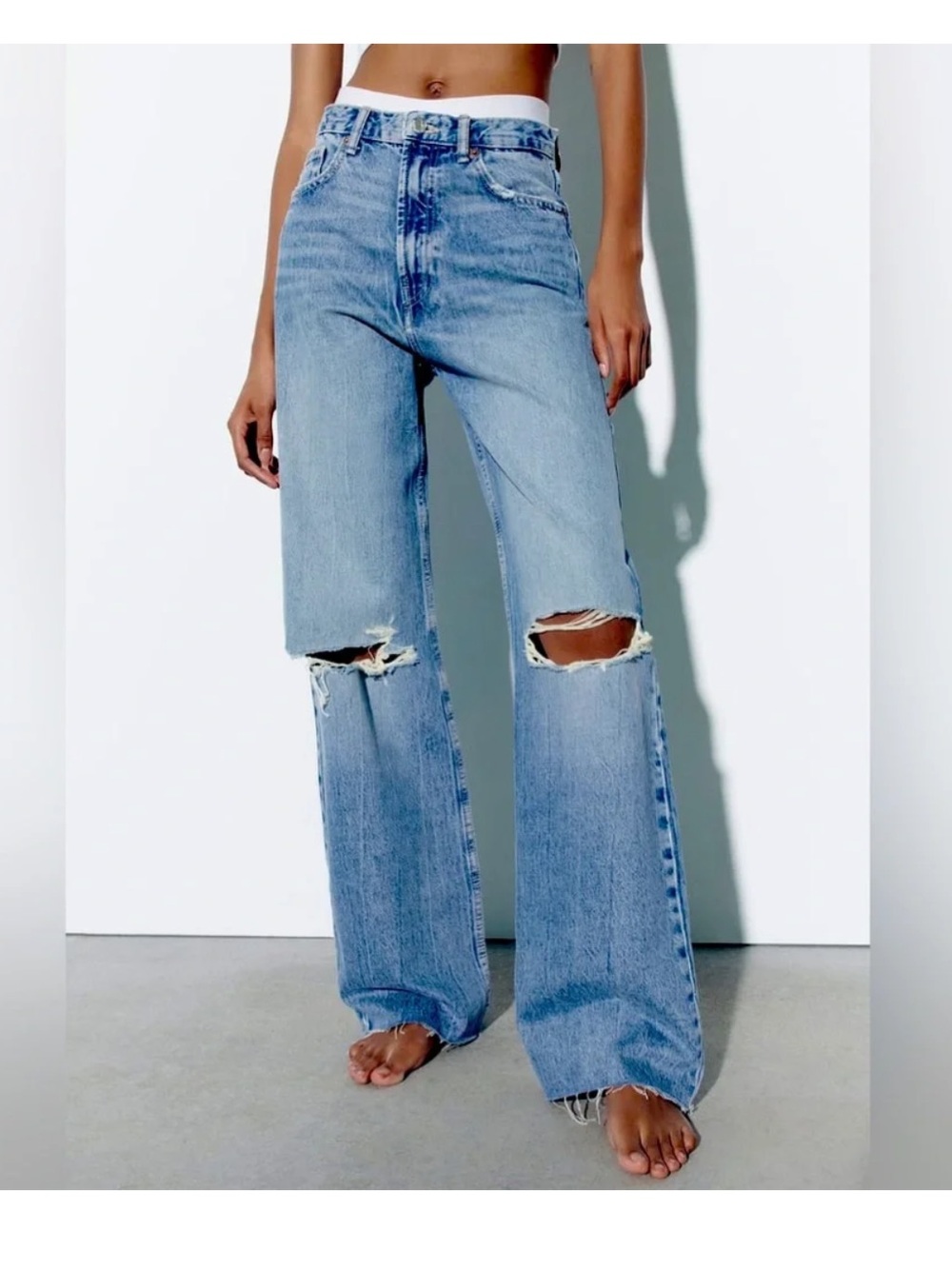 Zara Light Blue Distressed Wide-Leg Jeans